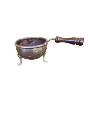 Vintage 1960s Brass Posnet Pot Wooden Handle 3 Legs Cottagecore Colonial Decor